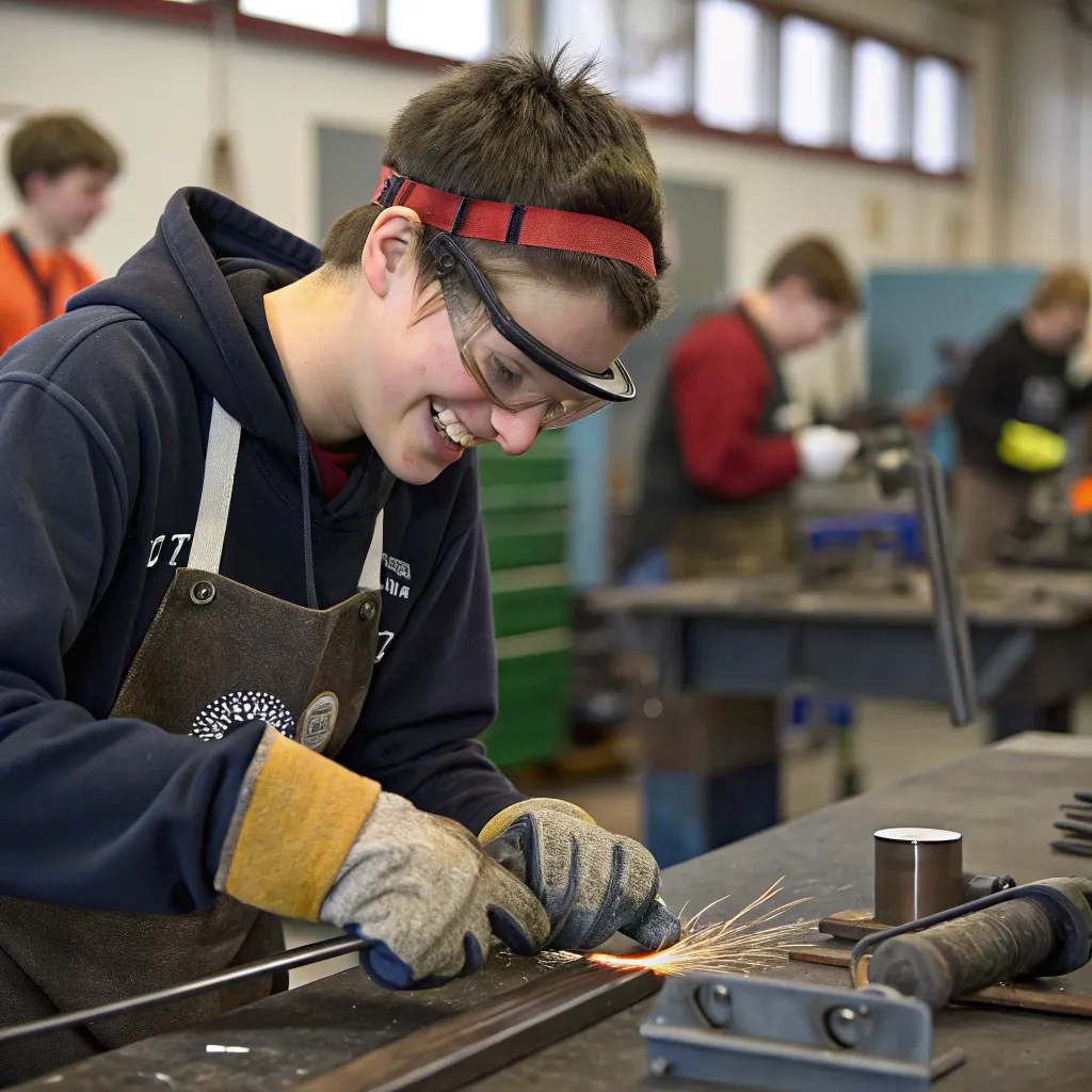 Happy student working with metal