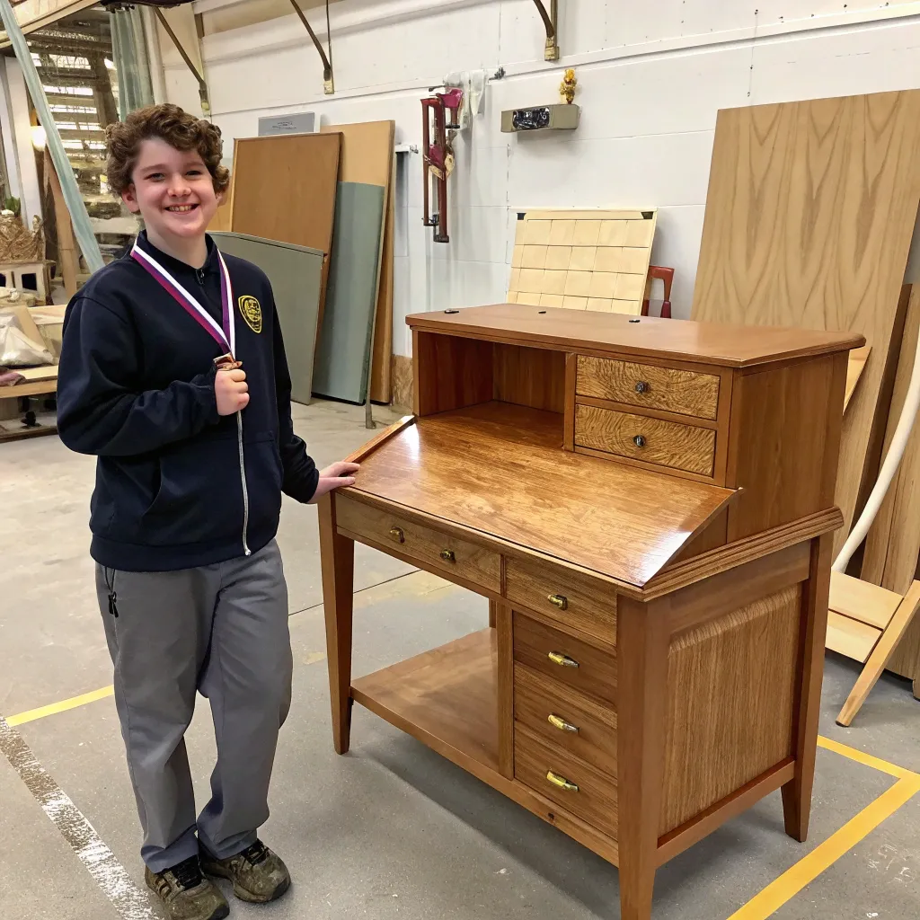 Student proud of their finished furniture piece